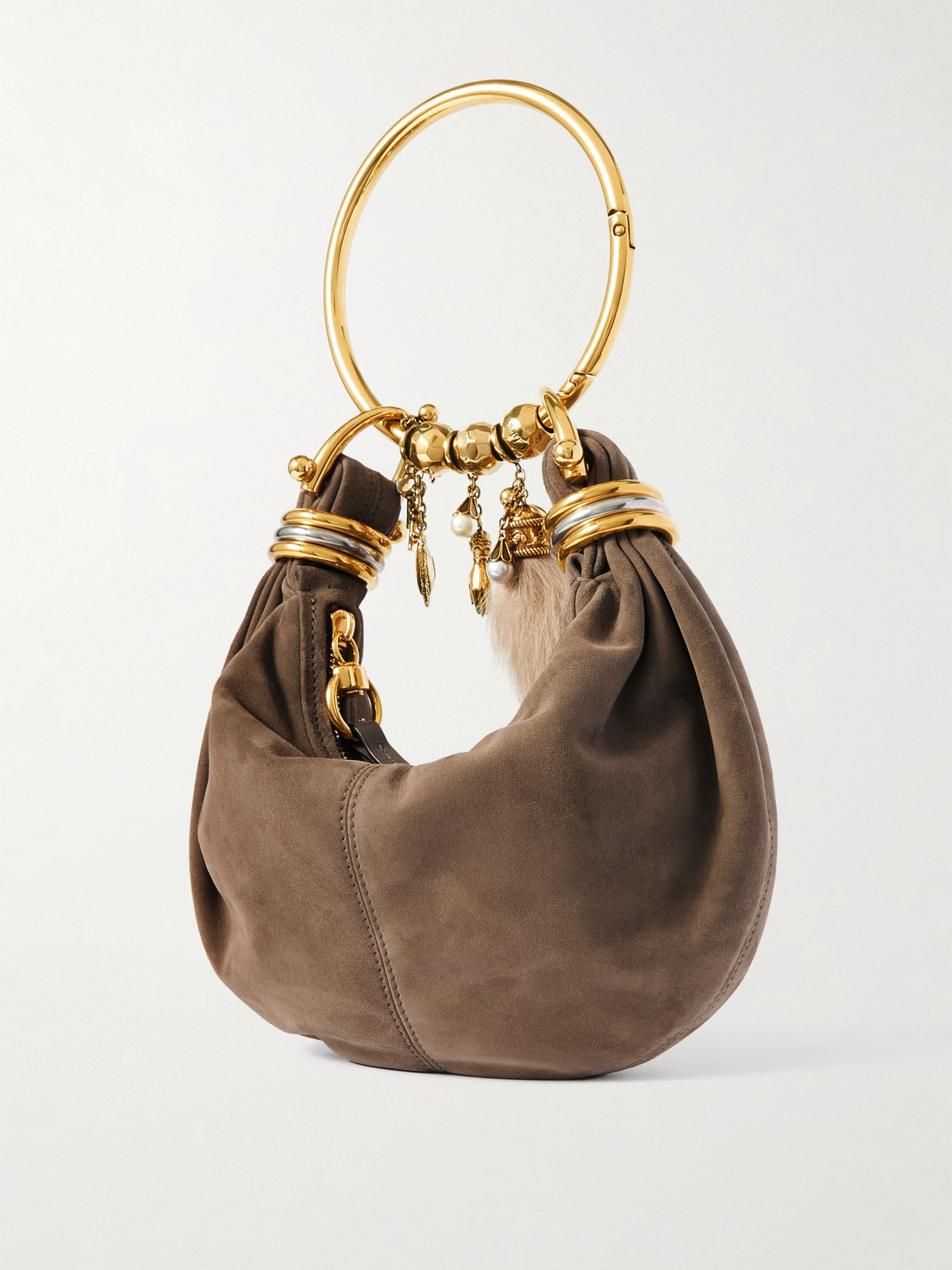 Chloé Bracelet Small Leather-trimmed Suede Tote In Gray