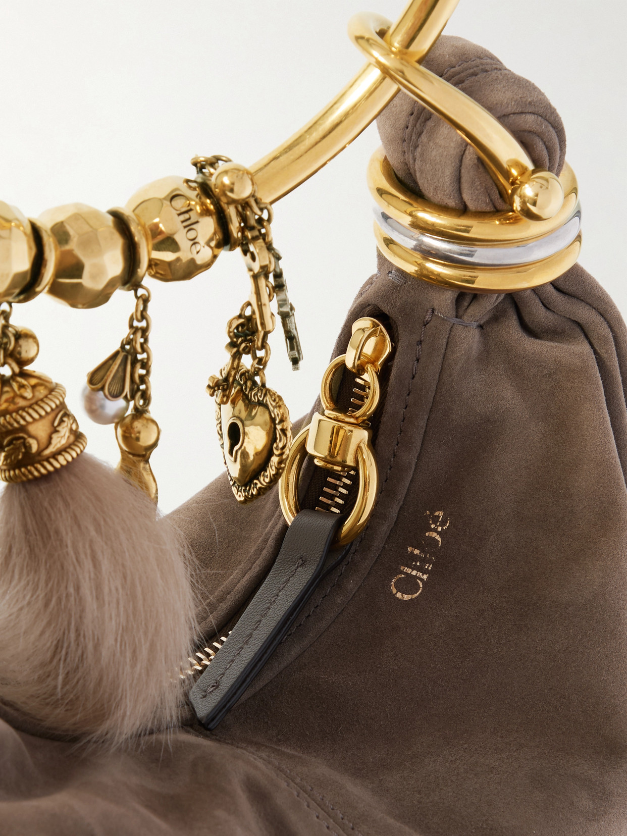 Chloé Bracelet Small Leather-trimmed Suede Tote In Gray
