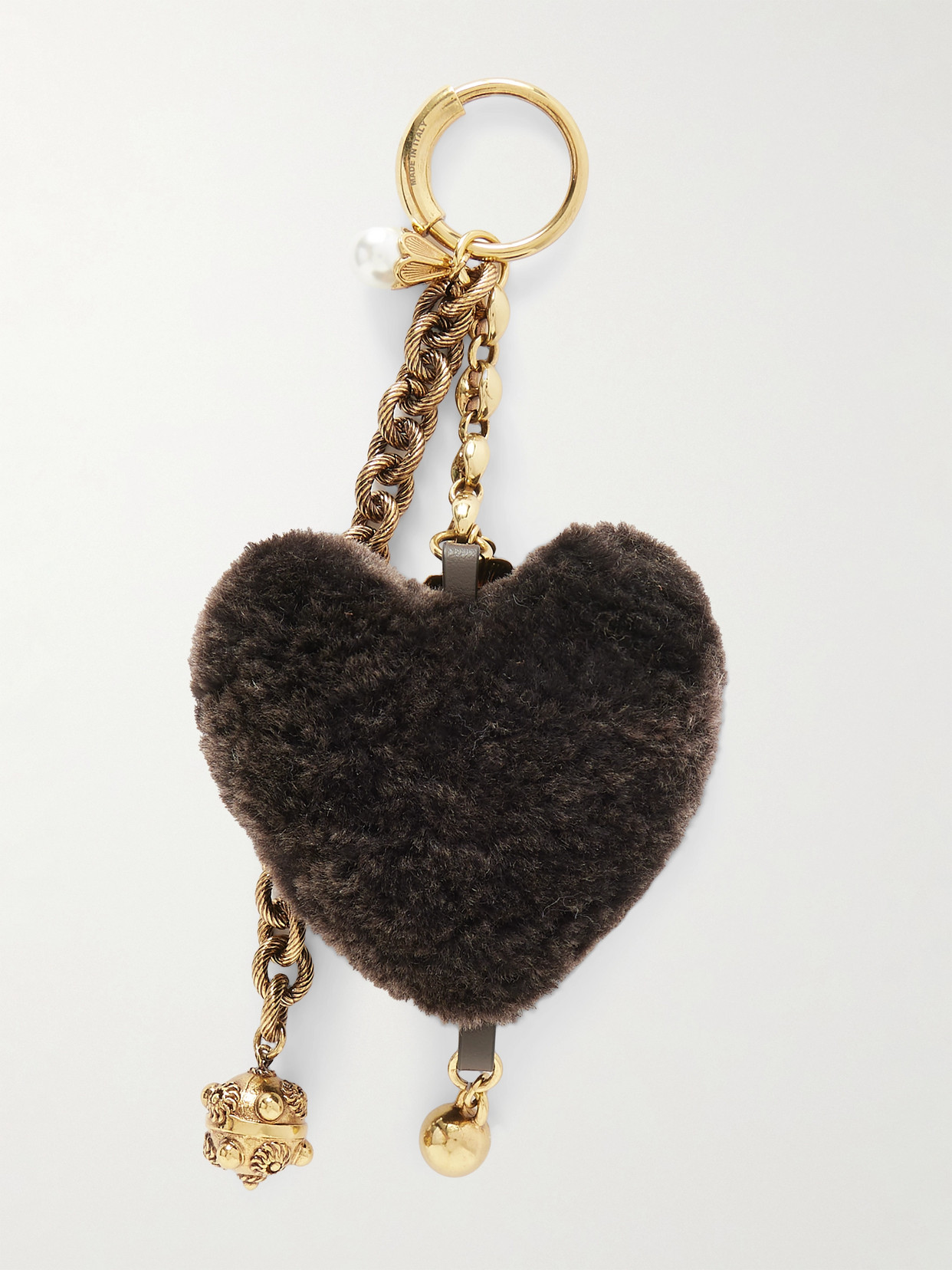 Chloé Symbols Heart Shearling Bag Charm In Brass In Black