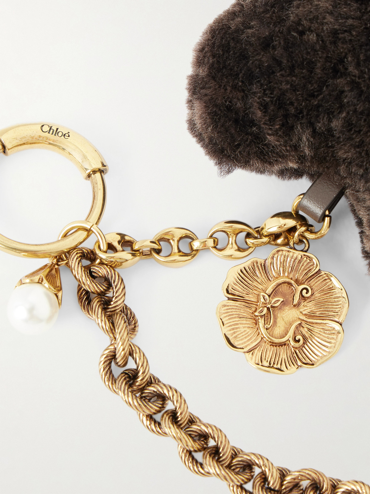 Chloé Symbols Heart Shearling Bag Charm In Brass In Black
