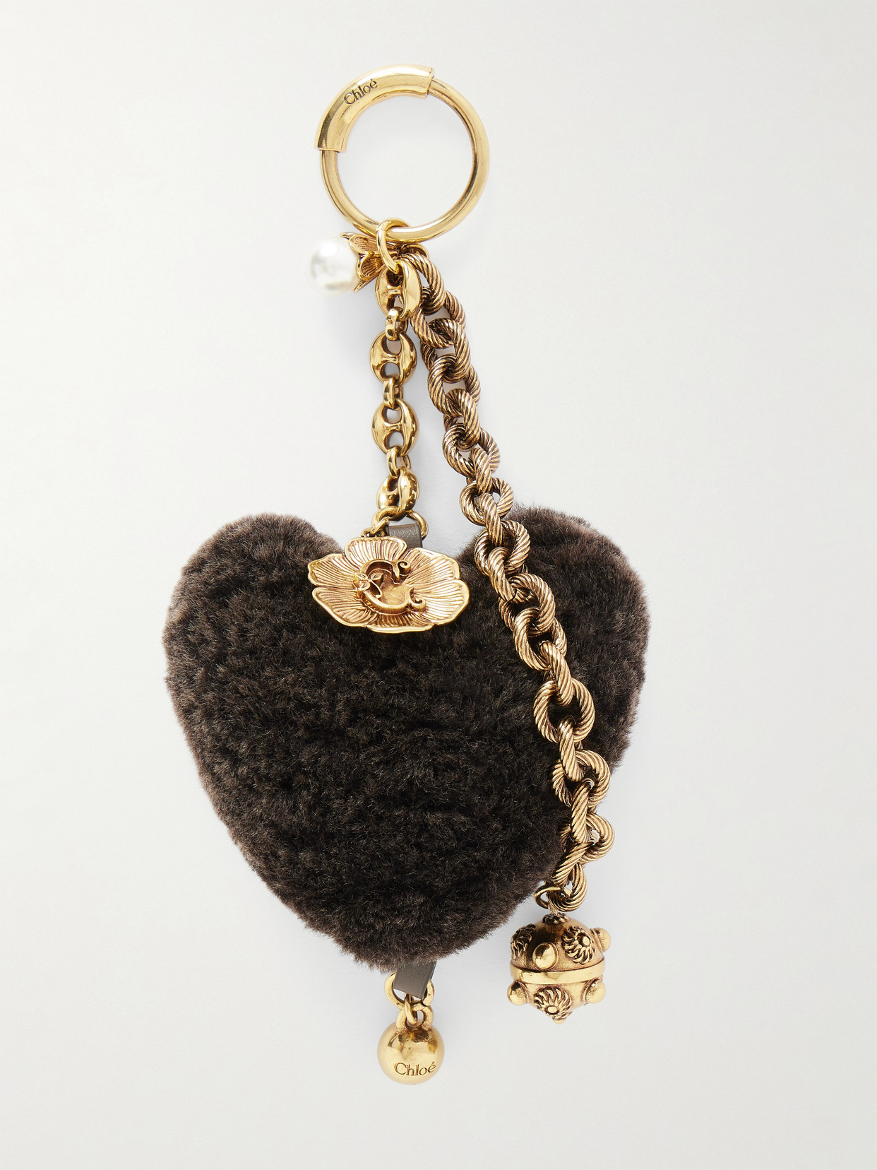Chloé Symbols Heart Shearling Bag Charm In Brass In Black