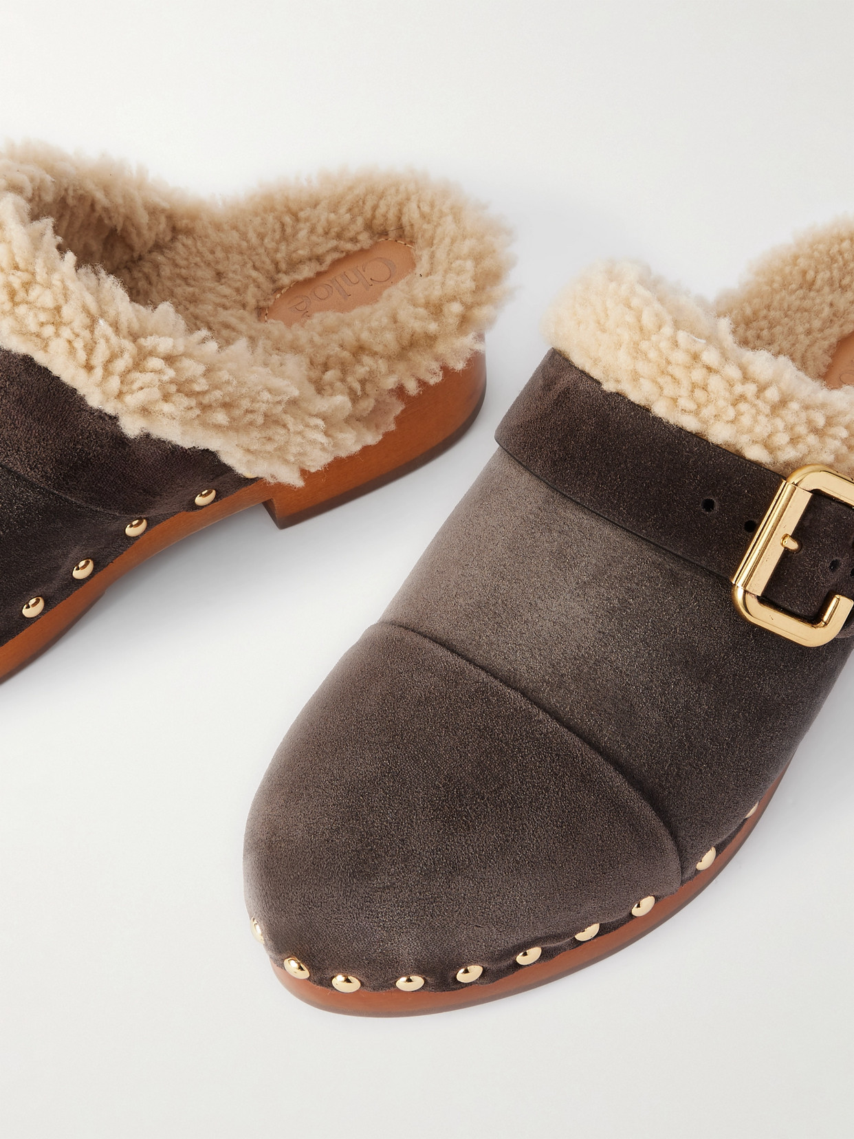 Chloé Jeannette Embellished Shearling-lined Suede Clogs In Multi