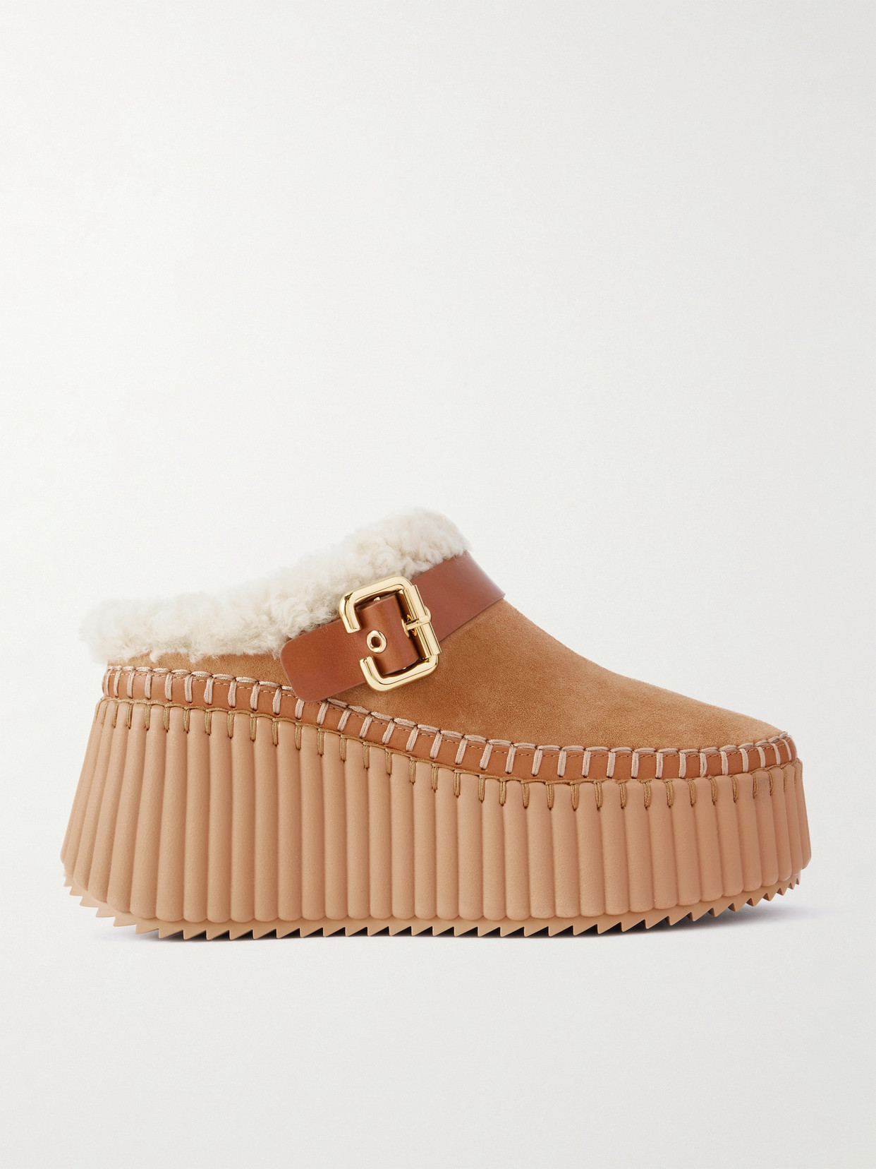 Chloé Nama Buckled Shearling-lined Suede Platform Mules In Brown