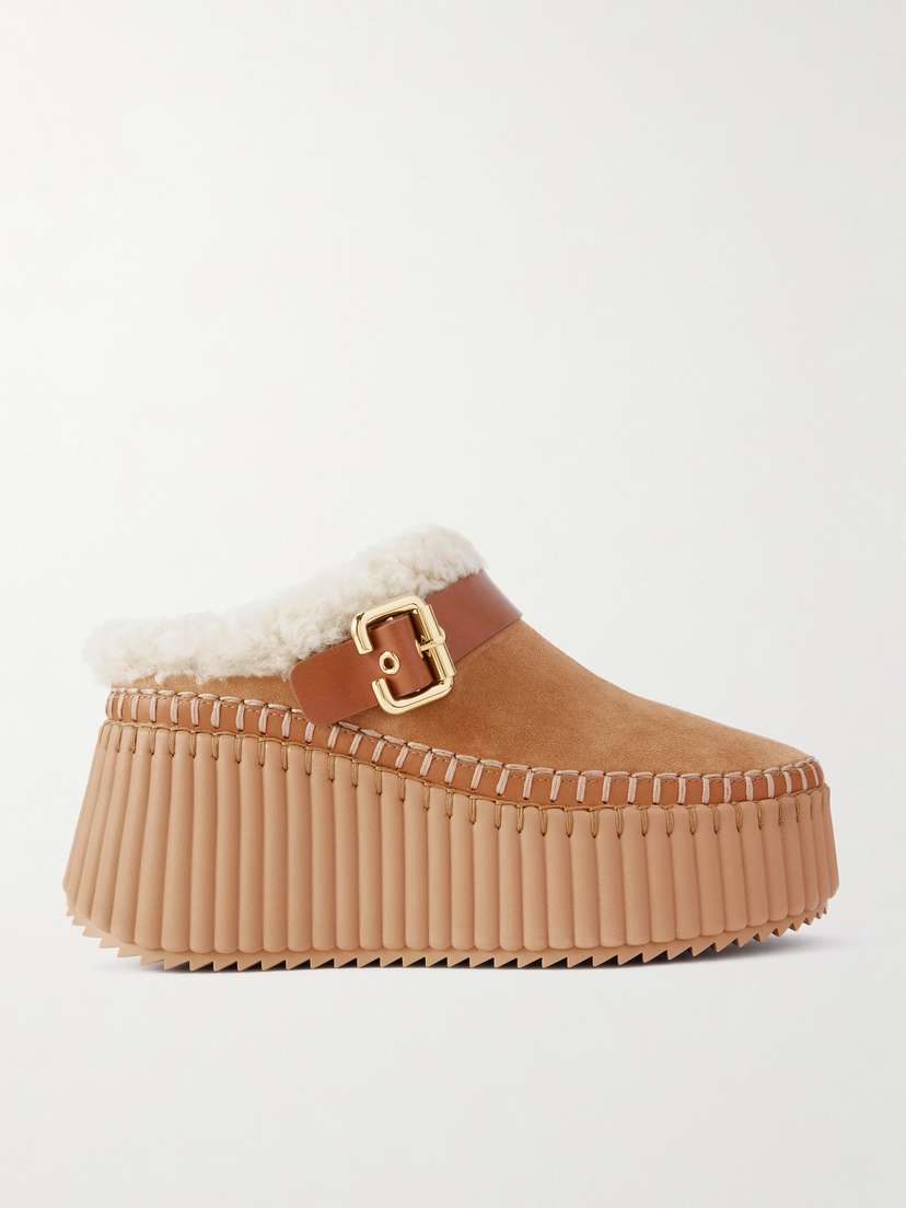 Chloé Nama Buckled Shearling-lined Suede Platform Mules