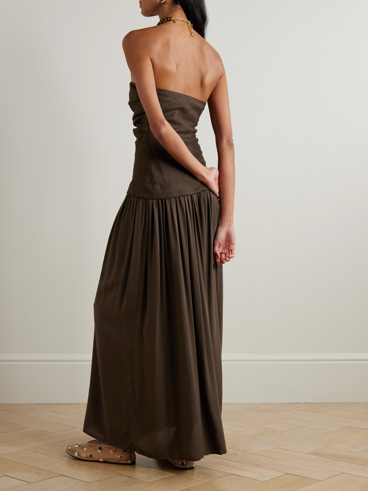 Faithfull Hedy Strapless Gathered Linen And Voile Maxi Dress In Multi