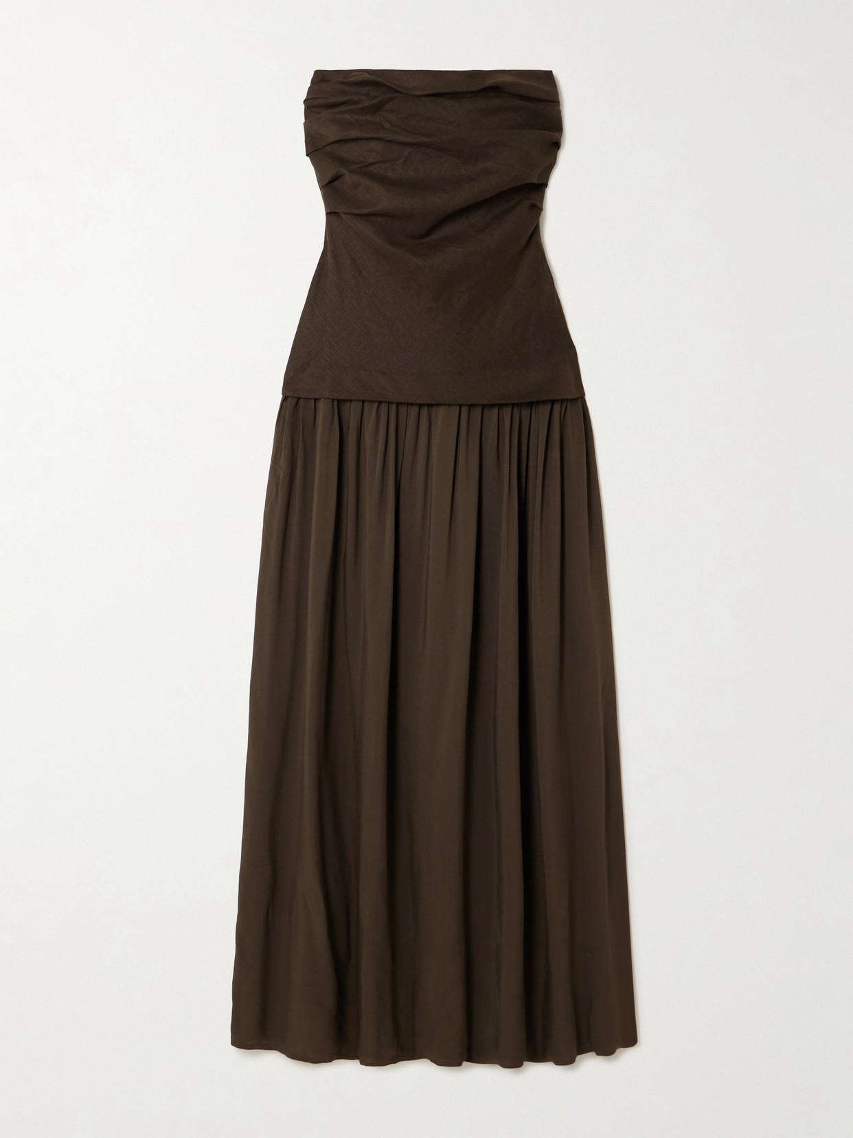 Faithfull Hedy Strapless Gathered Linen And Voile Maxi Dress In Multi