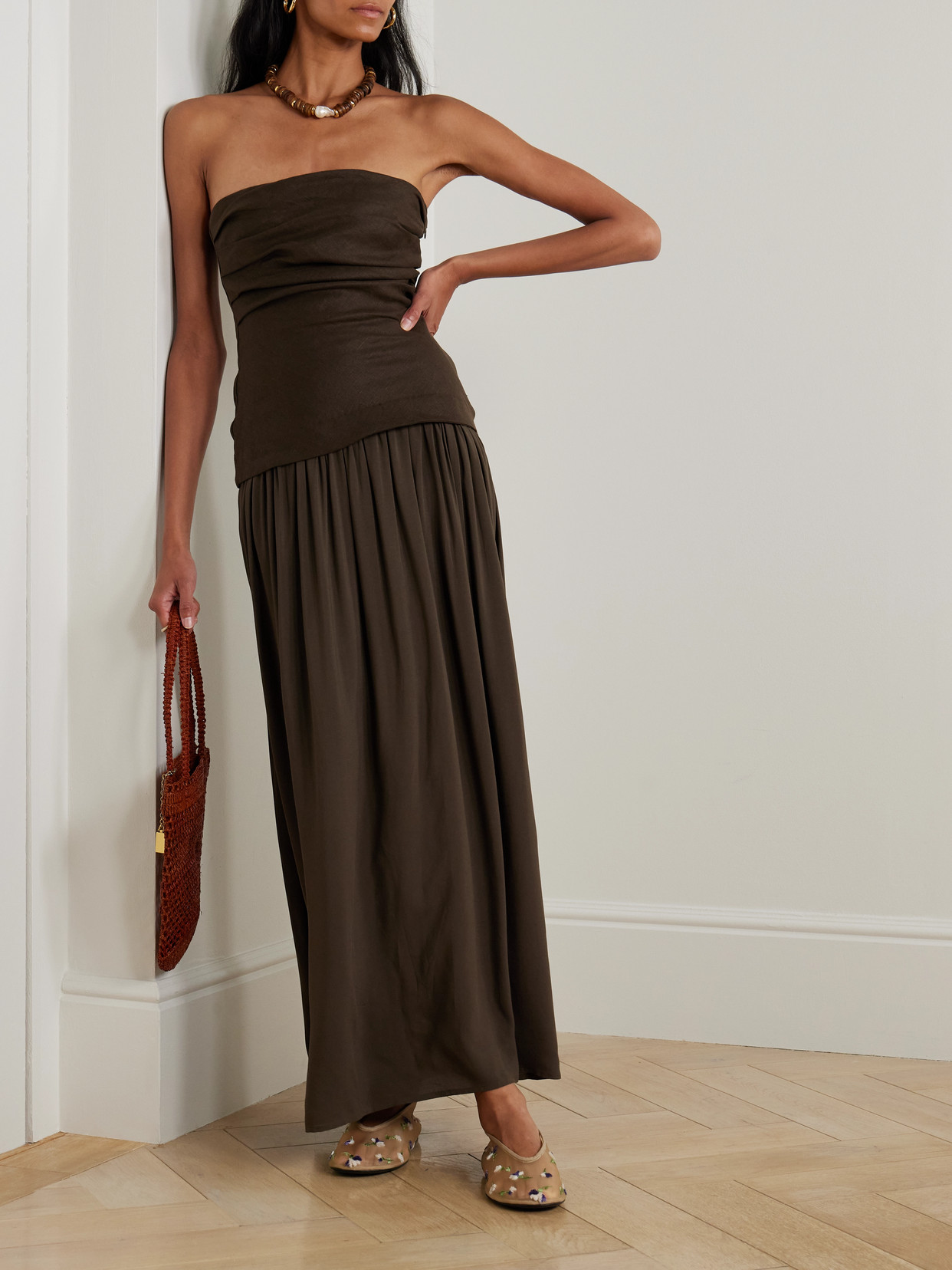 Faithfull Hedy Strapless Gathered Linen And Voile Maxi Dress In Multi