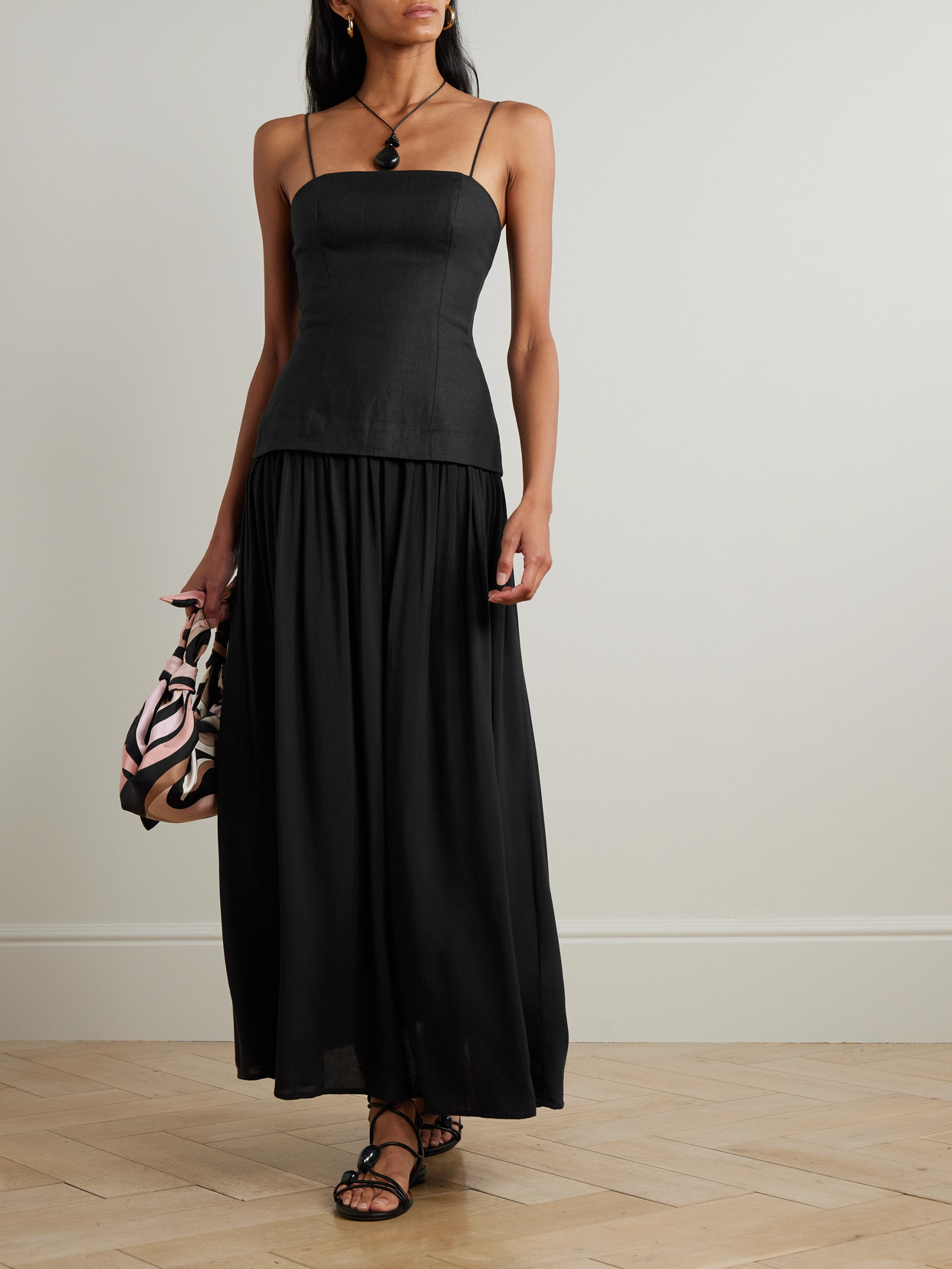 Faithfull Lenise Linen And Woven Maxi Dress In Black