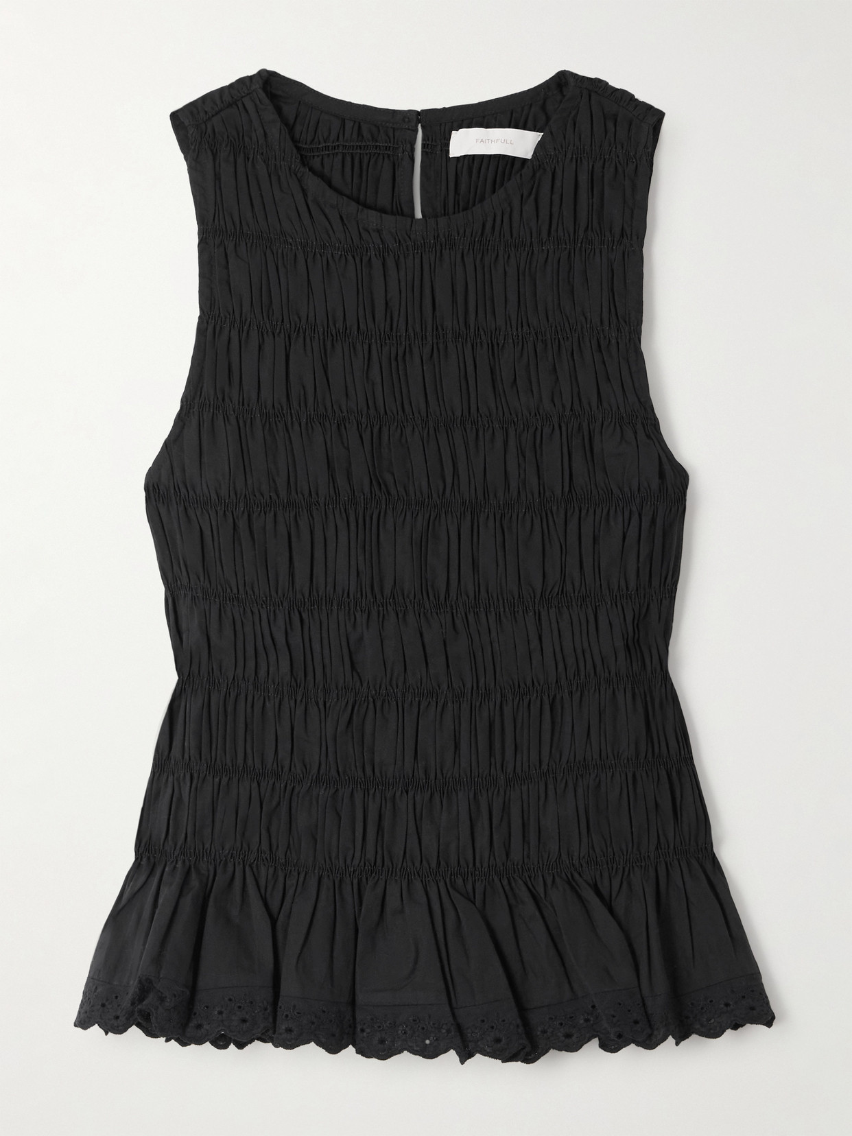 Faithfull Thea Shirred Broderie Anglaise-trimmed Cotton Top In Black