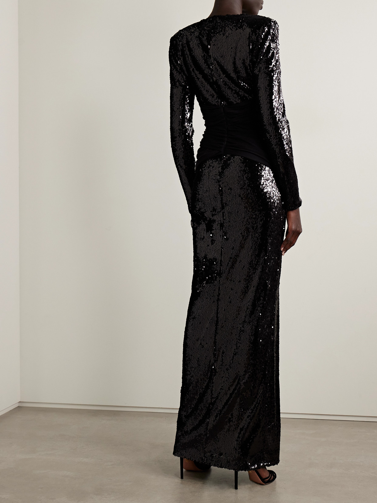 Zuhair Murad Draped Paneled Sequined Tulle And Jersey Gown In Black