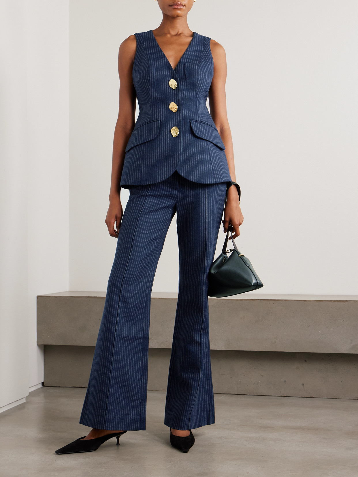Cara Cara Tristan Pinstriped Brushed Wool-blend Flared Pants In Blue