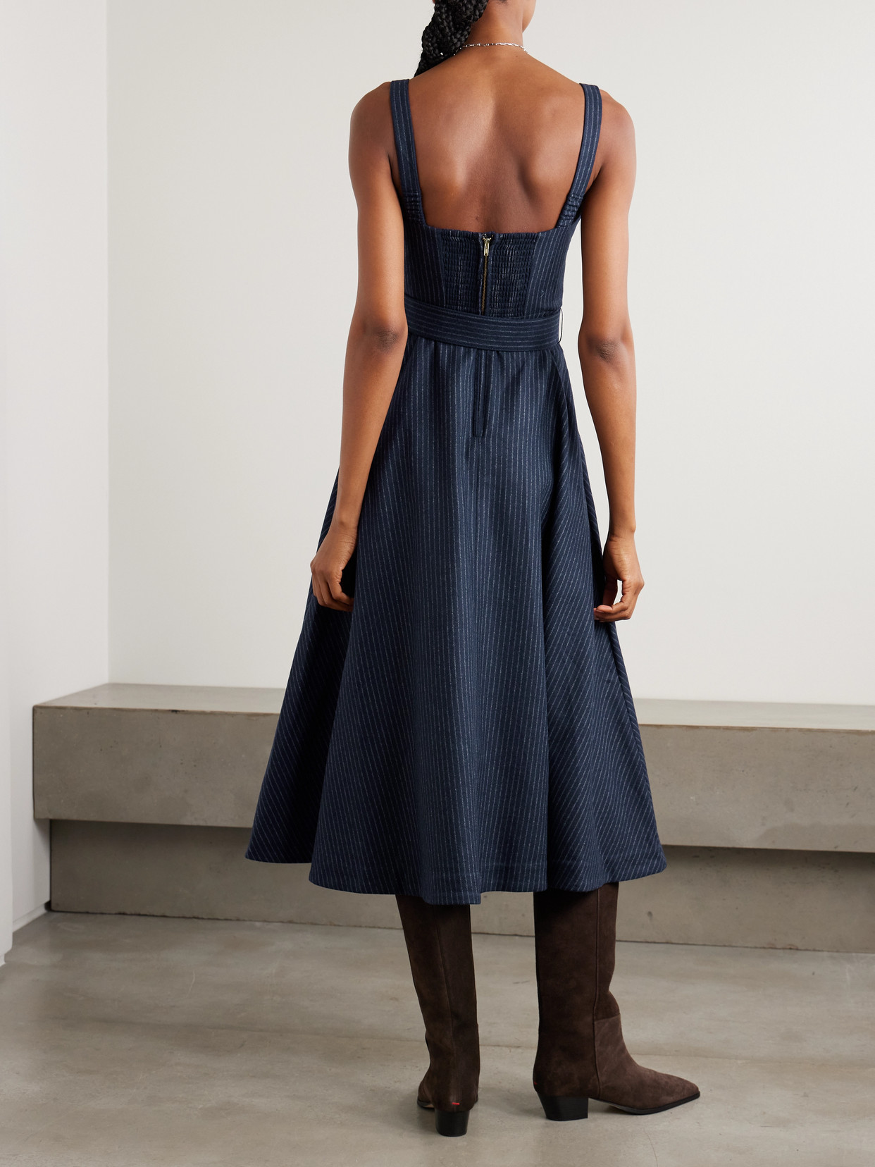 Cara Cara Calypso Belted Shirred Pinstriped Wool-blend Midi Dress In Blue
