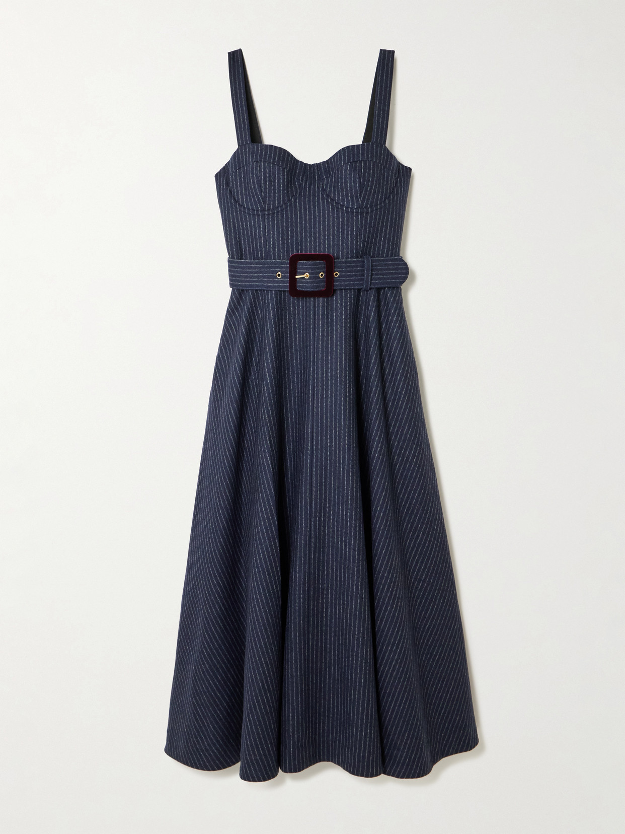 Cara Cara Calypso Belted Shirred Pinstriped Wool-blend Midi Dress In Blue