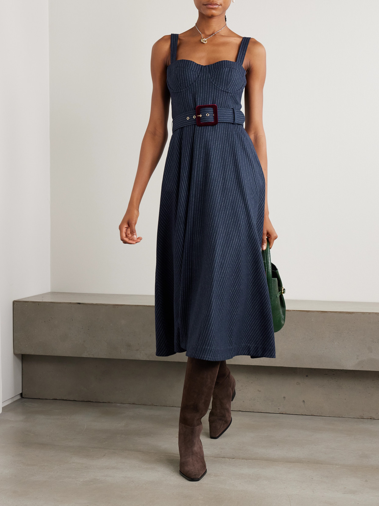 Cara Cara Calypso Belted Shirred Pinstriped Wool-blend Midi Dress In Blue