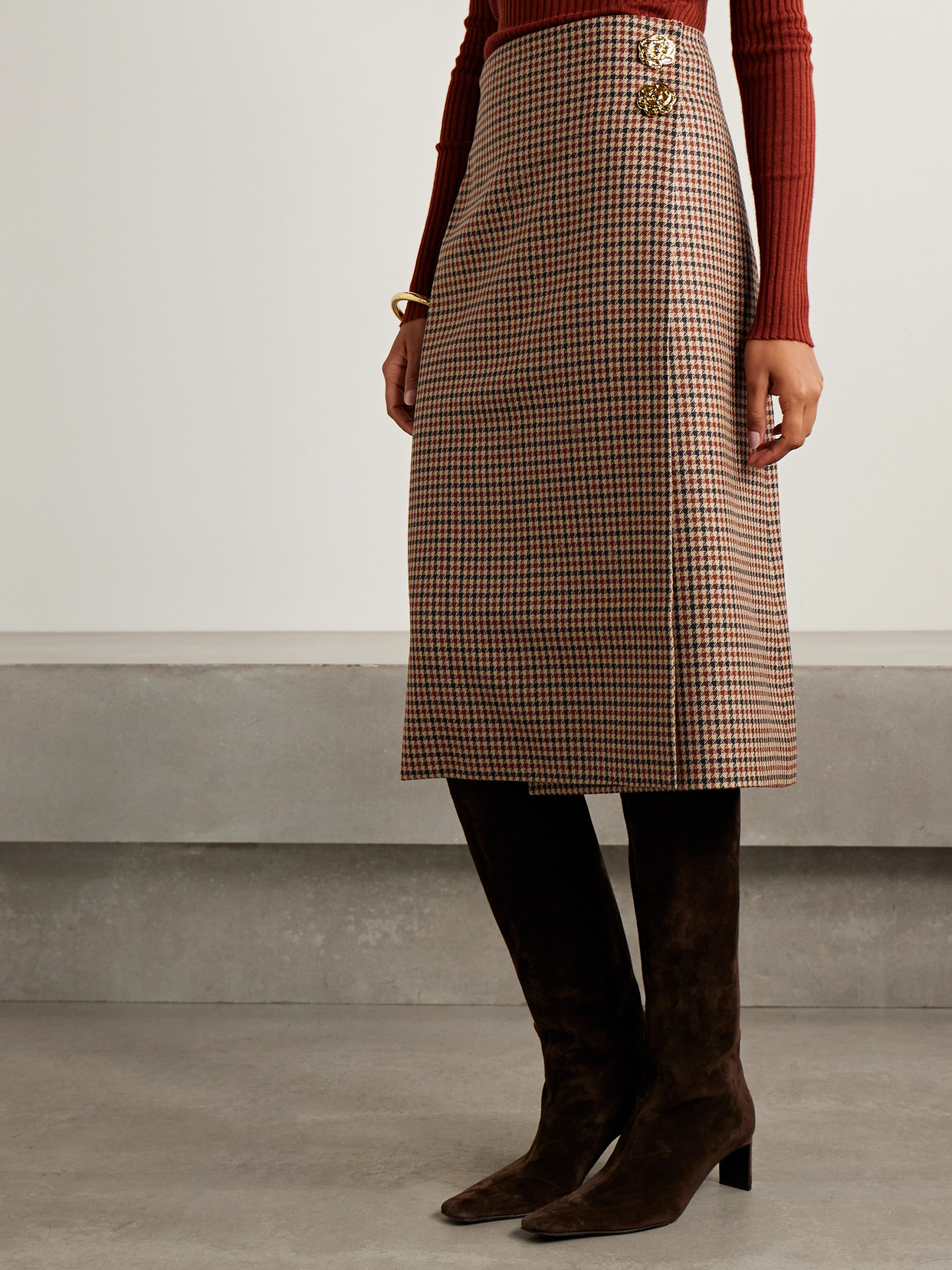 Cara Cara Luca Embellished Houndstooth Cotton-blend Tweed Wrap Midi Skirt In Brown
