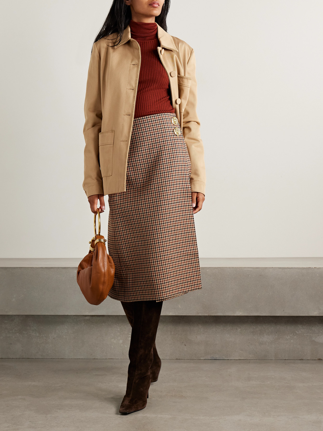 Cara Cara Luca Embellished Houndstooth Cotton-blend Tweed Wrap Midi Skirt In Brown