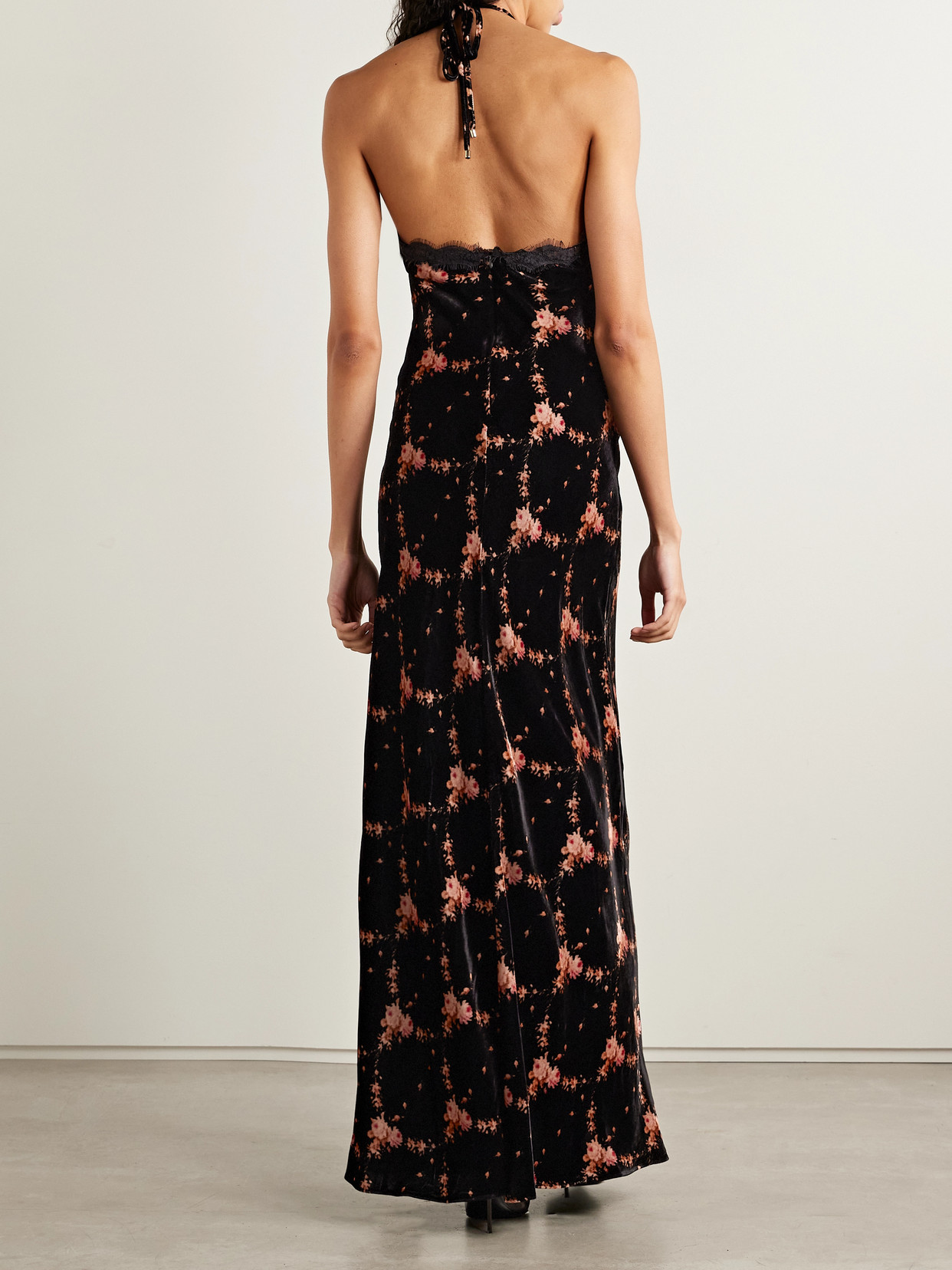 Cara Cara June Lace-trimmed Floral-print Velvet Halterneck Maxi Dress In Black