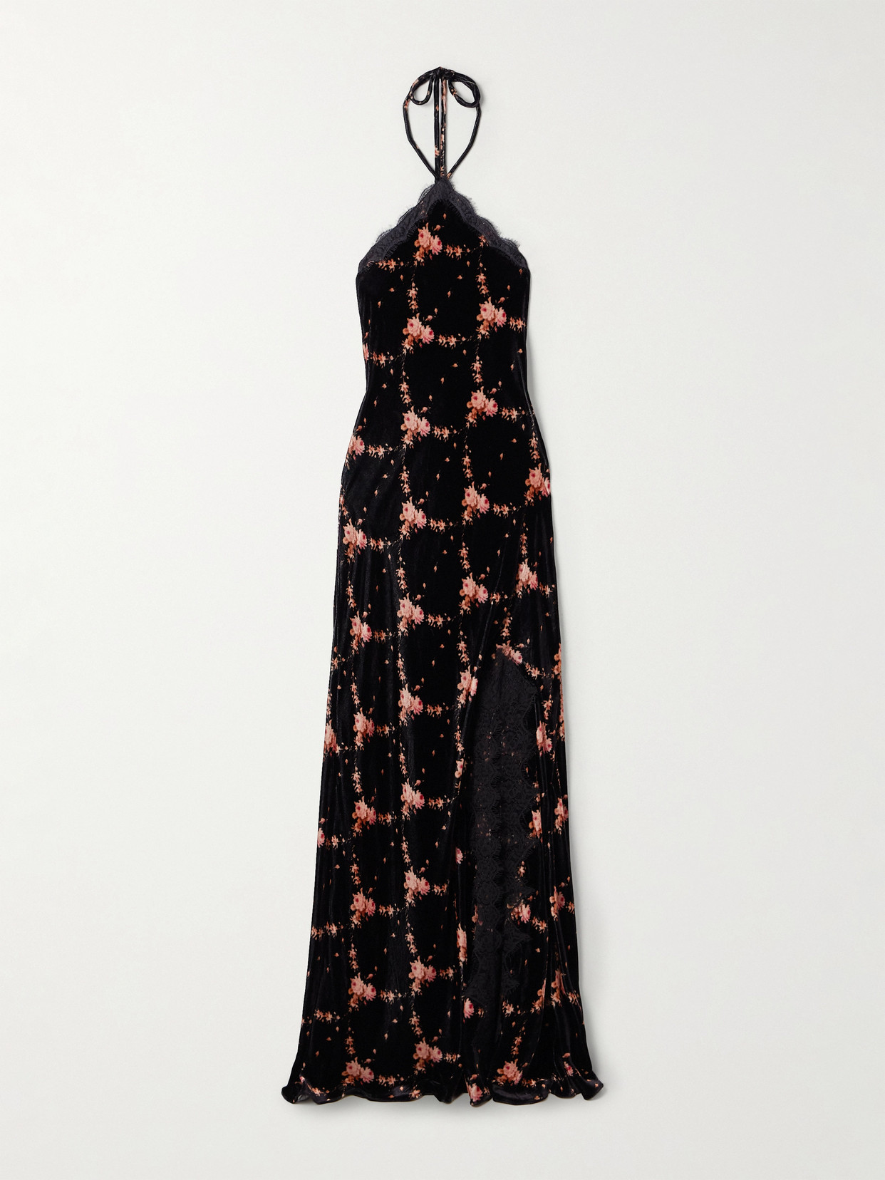 Cara Cara June Lace-trimmed Floral-print Velvet Halterneck Maxi Dress In Black