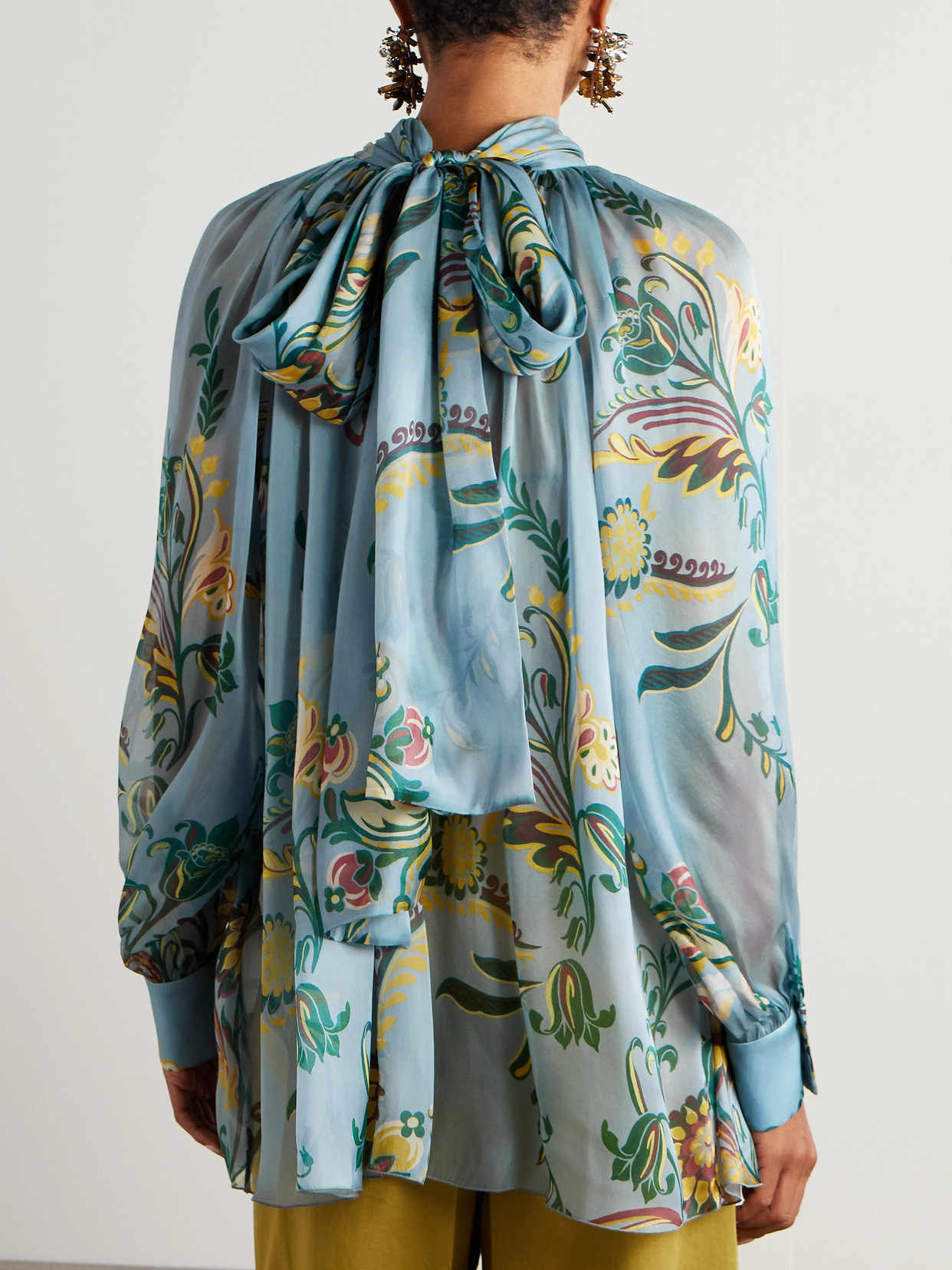 Etro Scarf-detailed Floral-print Silk-organza Blouse In Blue