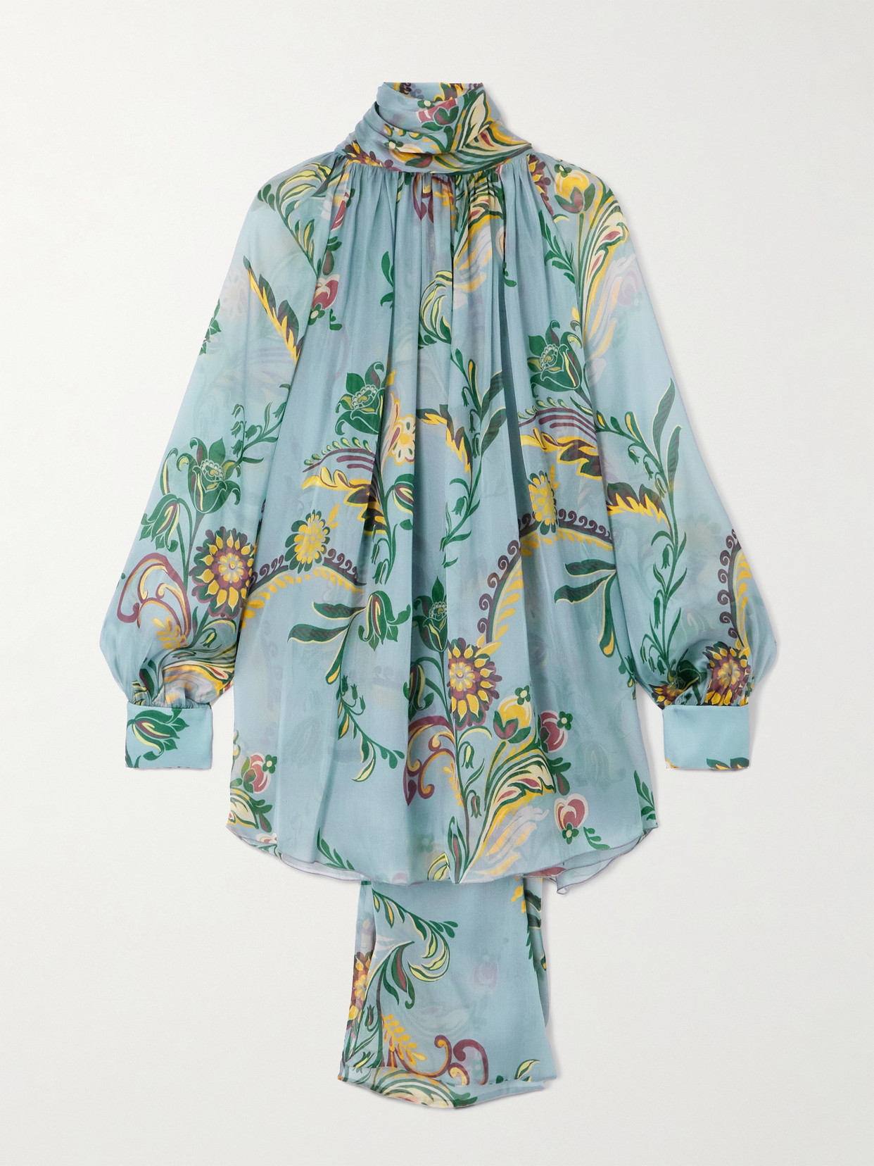 Etro Scarf-detailed Floral-print Silk-organza Blouse In Blue