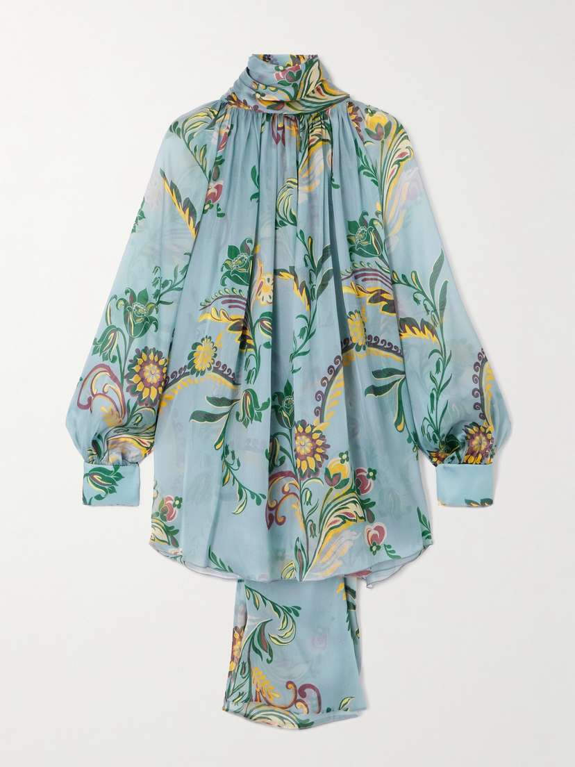 Etro Scarf-detailed Floral-print Silk-organza Blouse