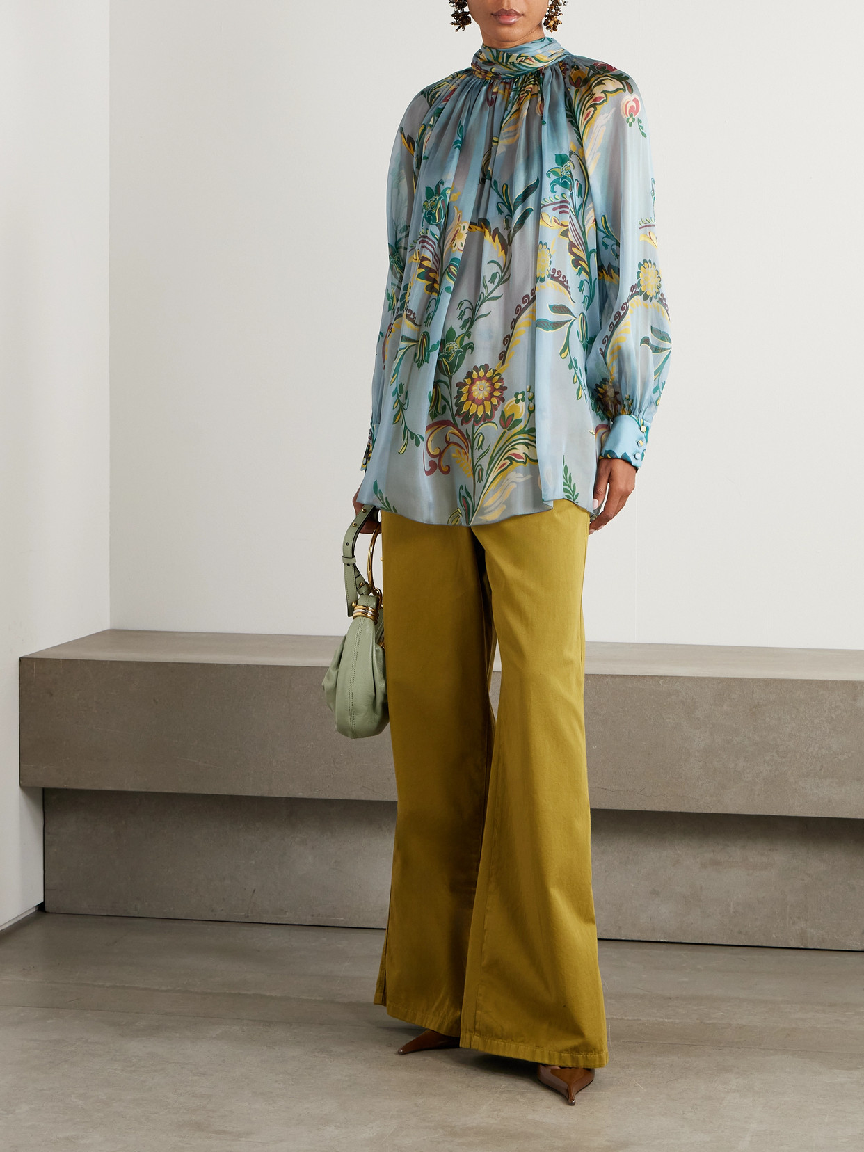 Etro Scarf-detailed Floral-print Silk-organza Blouse In Blue