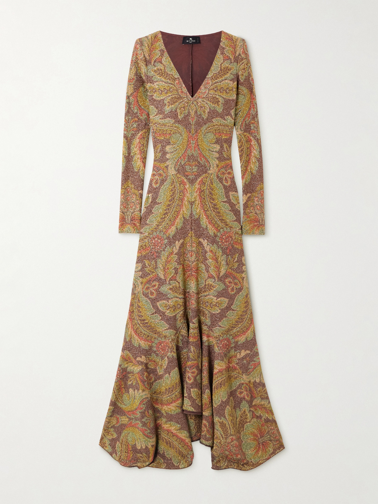 Etro Asymmetric Paisley-print Metallic Cloqué Midi Dress In Brown