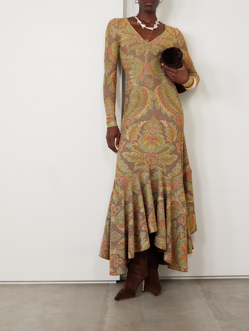 Etro Asymmetric paisley-print metallic cloqué midi dress