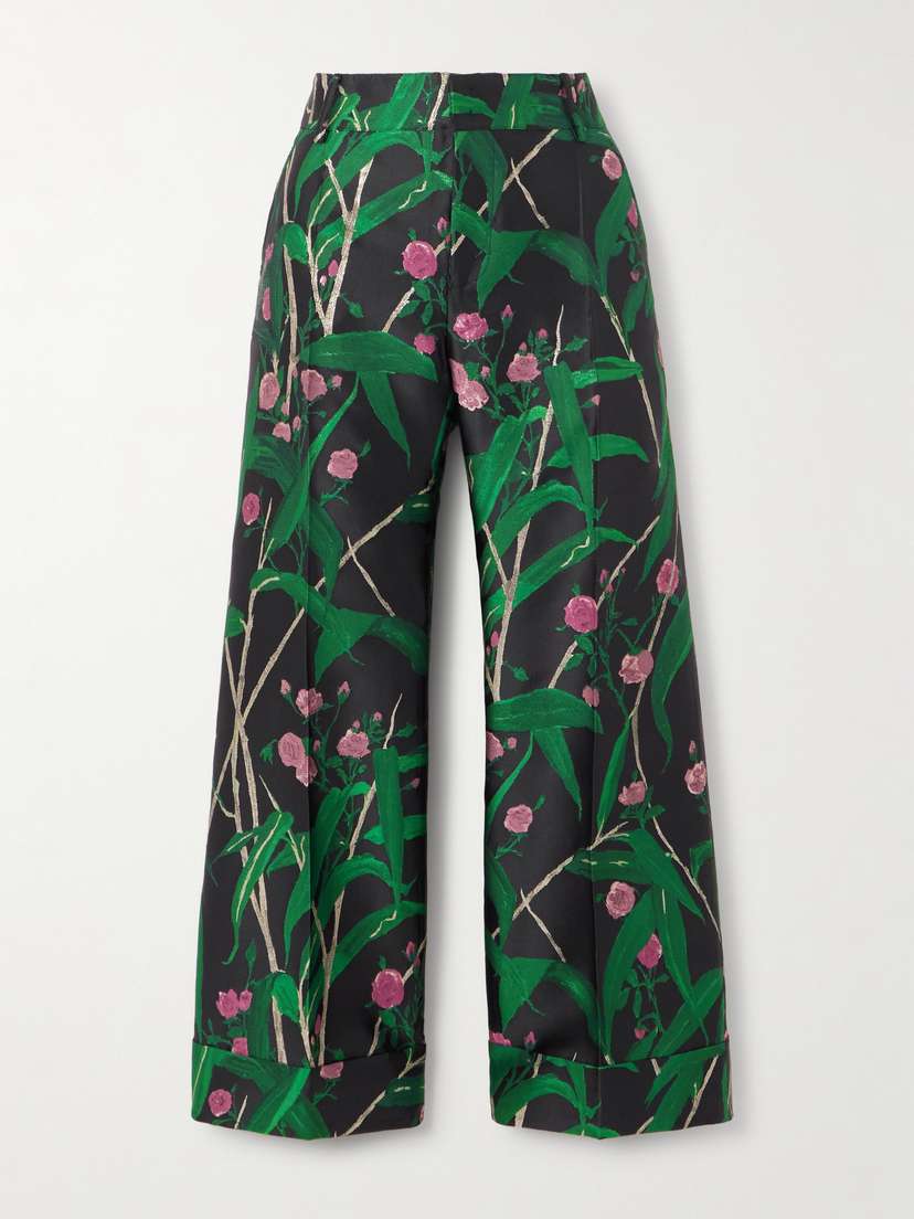 La DoubleJ Hendrix Cropped Floral-jacquard Crepe Wide-leg Pants