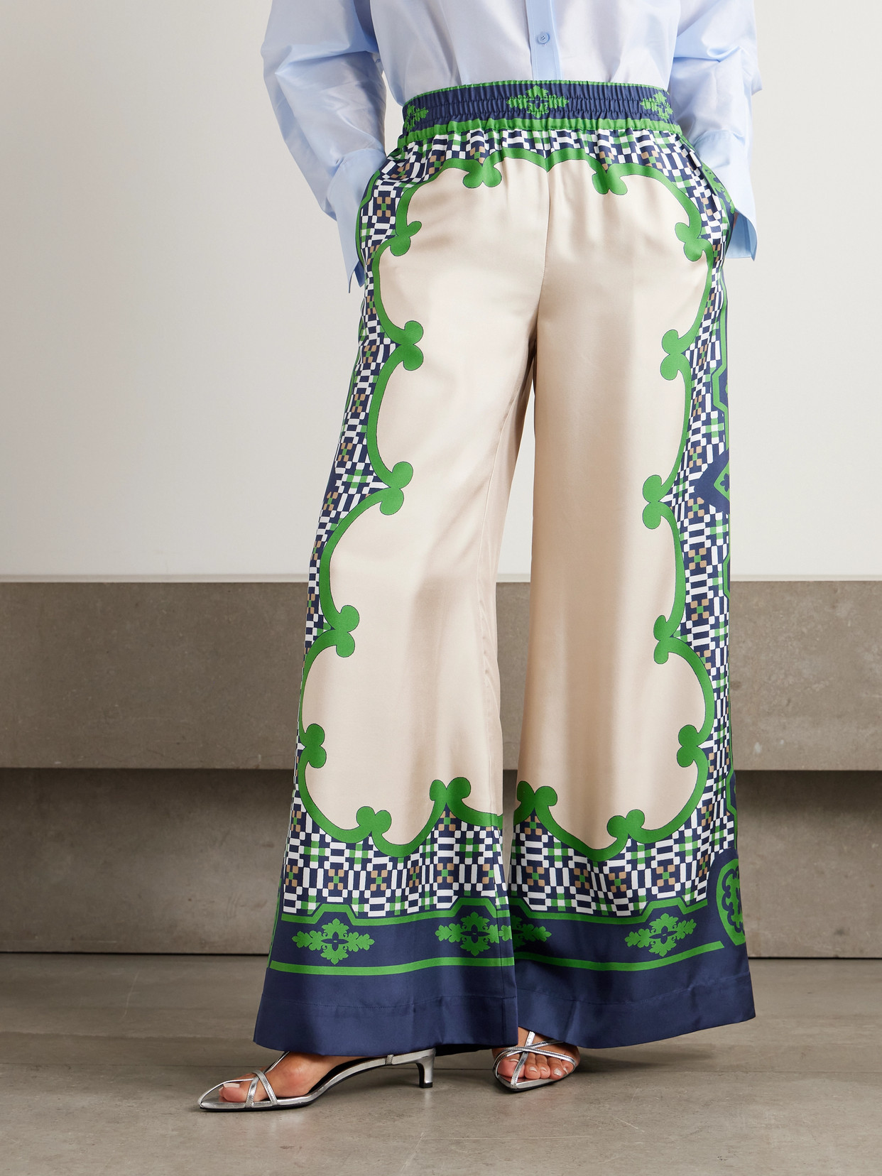 La Doublej Icon Printed Silk-twill Wide-leg Pants In Neutral