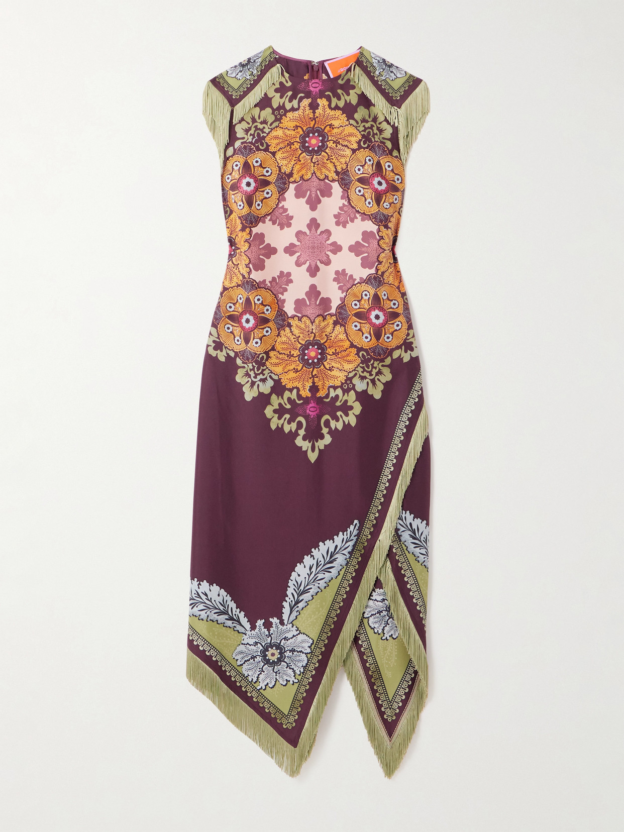 La Doublej Valkyrie Asymmetric Fringed Printed Silk Dress In Multi
