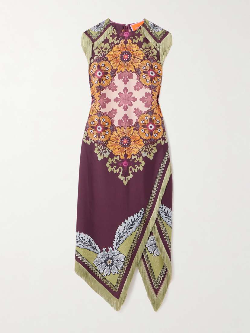 La DoubleJ Valkyrie Asymmetric Fringed Printed Silk Dress