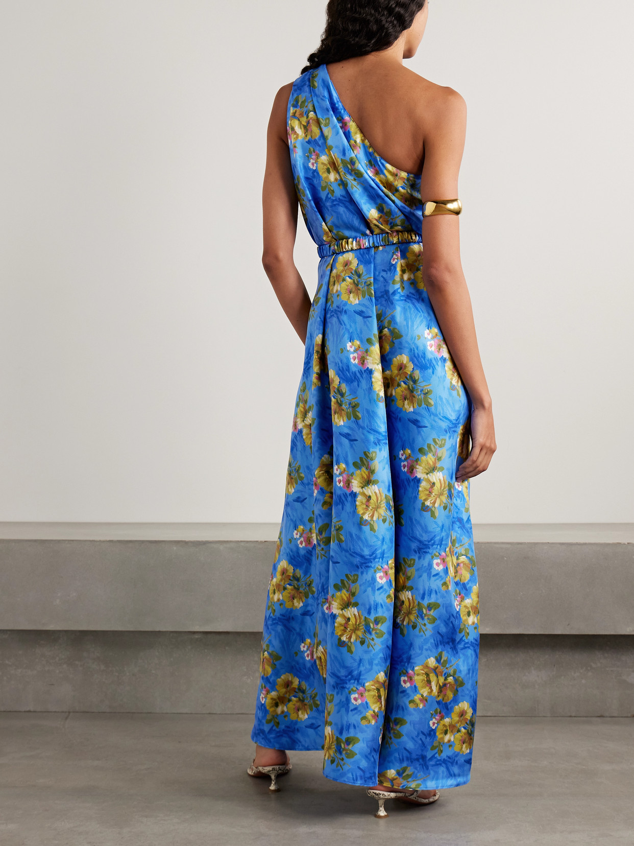 La Doublej Roy One-shoulder Belted Floral-print Silk-twill Maxi Dress In Blue