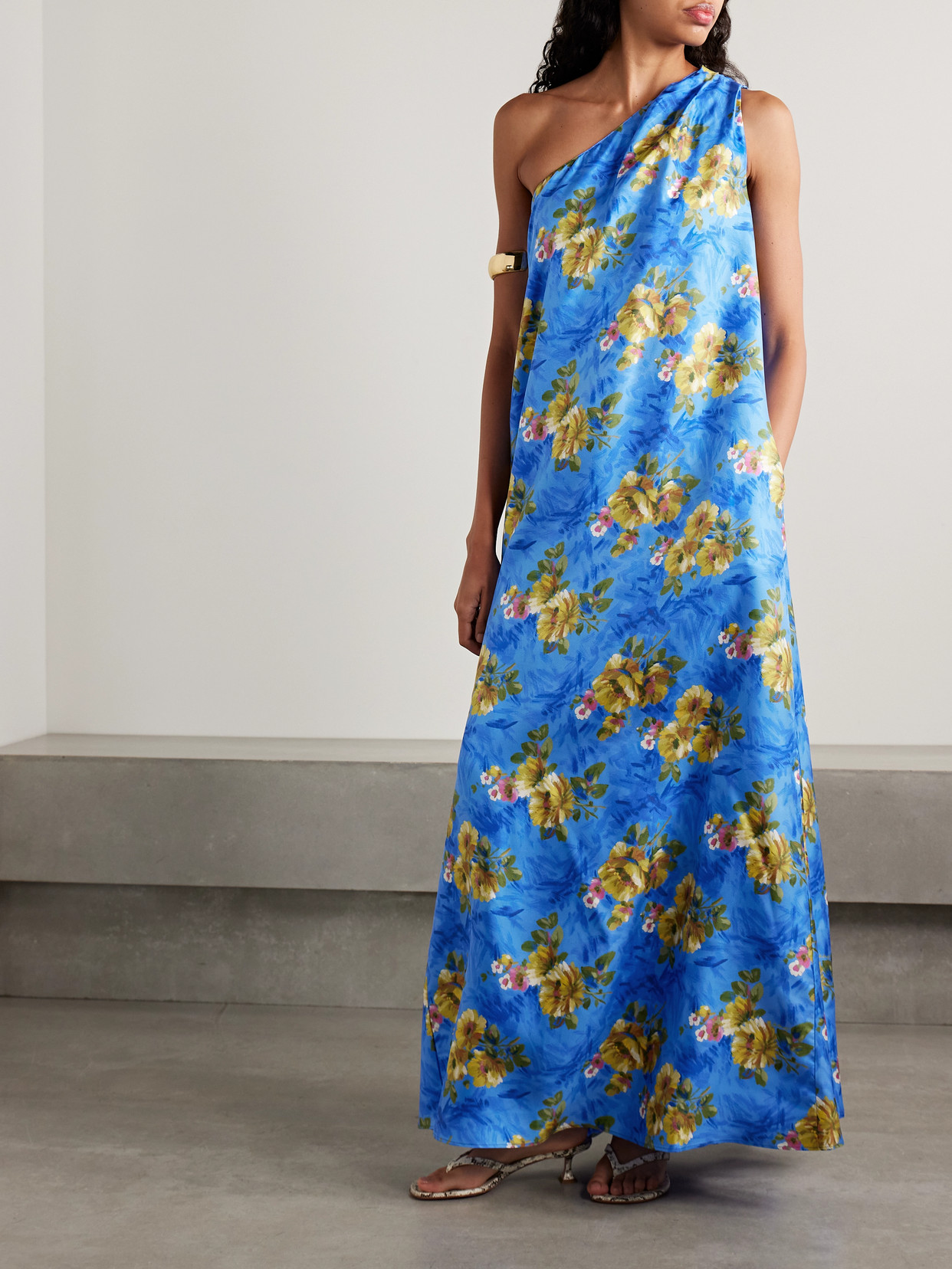 La Doublej Roy One-shoulder Belted Floral-print Silk-twill Maxi Dress In Blue