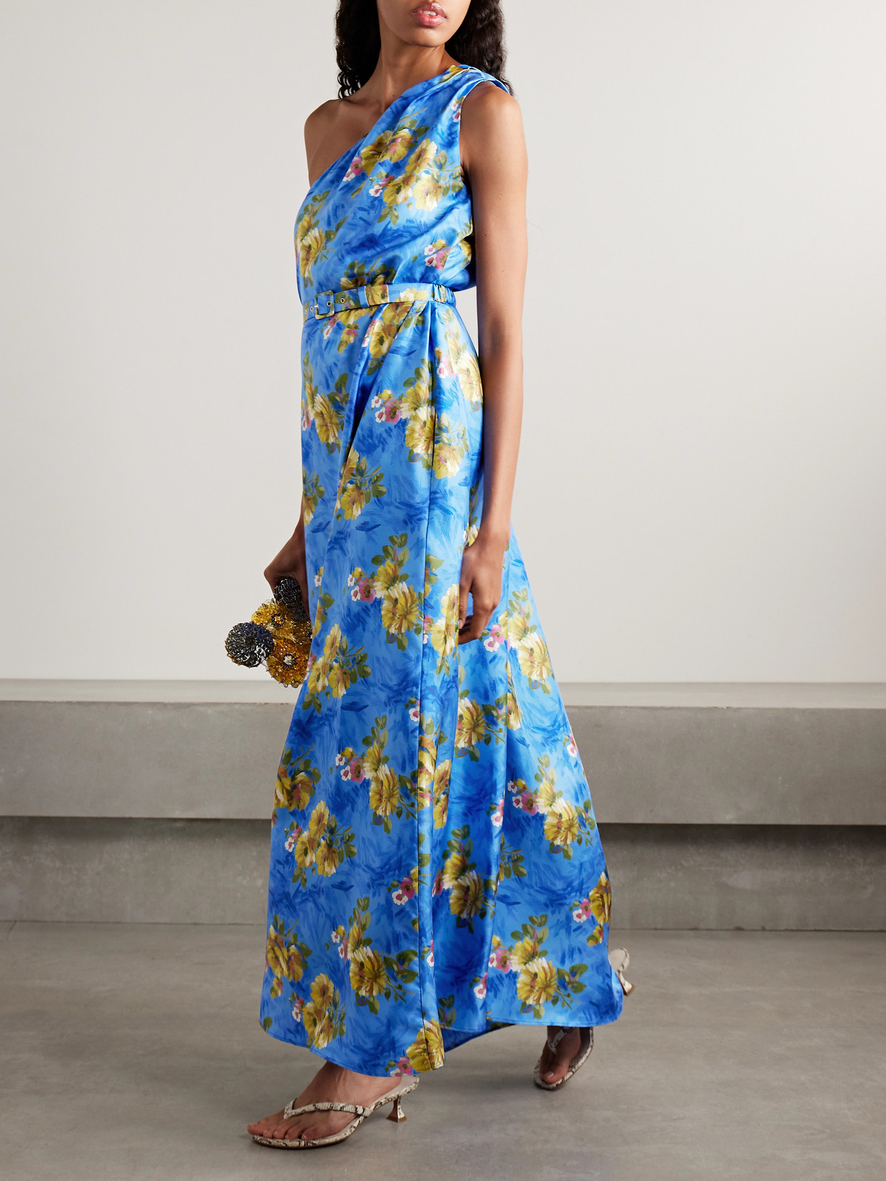 La Doublej Roy One-shoulder Belted Floral-print Silk-twill Maxi Dress In Blue