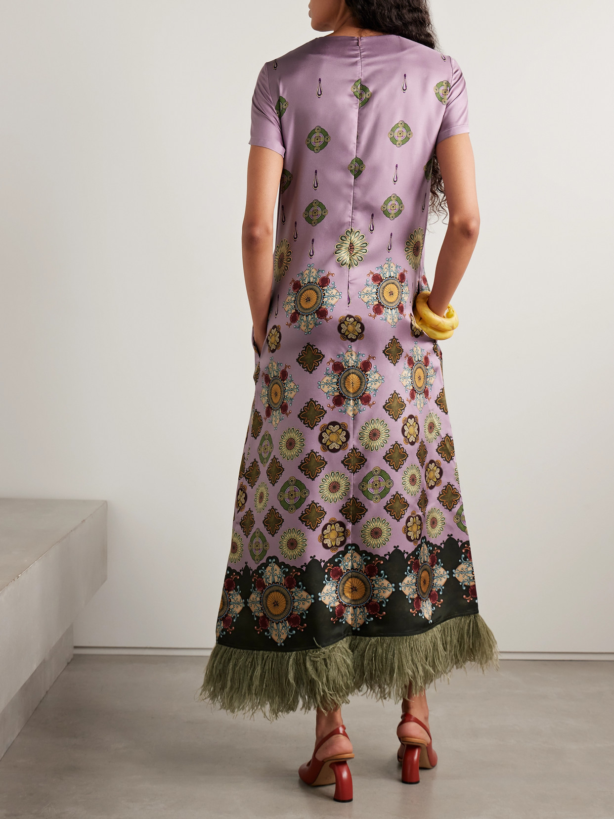 La Doublej Swing Feather-trimmed Printed Silk-twill Maxi Dress In Multi