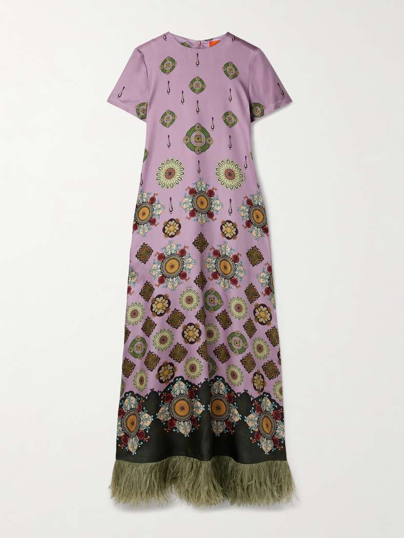 La DoubleJ Swing Feather-trimmed Printed Silk-twill Maxi Dress