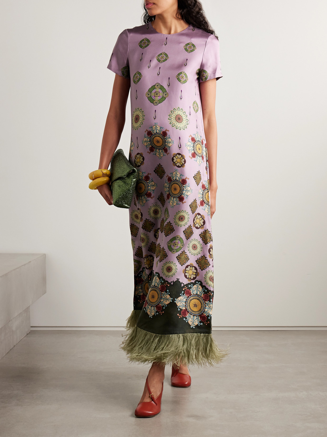 La Doublej Swing Feather-trimmed Printed Silk-twill Maxi Dress In Multi