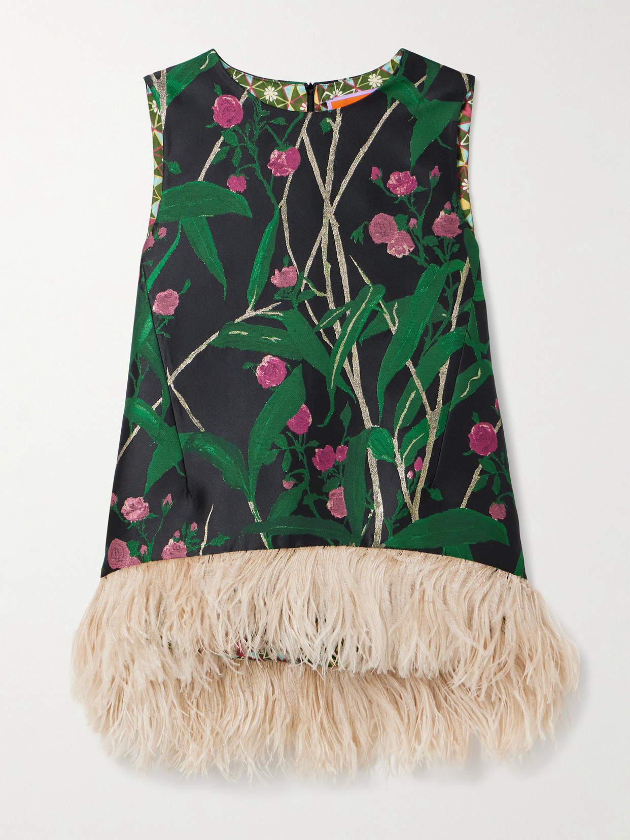 La Doublej Icon La Scala Feather-trimmed Floral-jacquard Top In Green