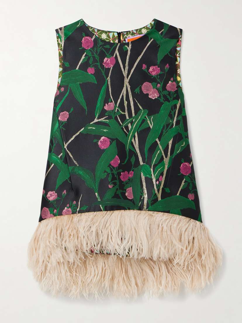 La DoubleJ Icon La Scala Feather-trimmed Floral-jacquard Top