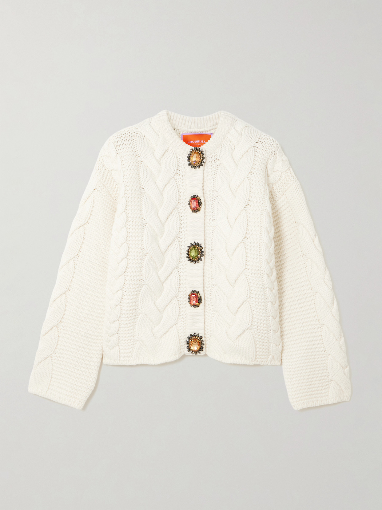 La Doublej Icon Portrait Crystal-embellished Cable-knit Wool-blend Cardigan In White