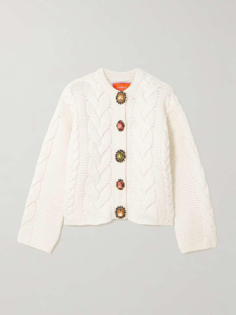 La DoubleJ Icon Portrait Crystal-embellished Cable-knit Wool-blend Cardigan