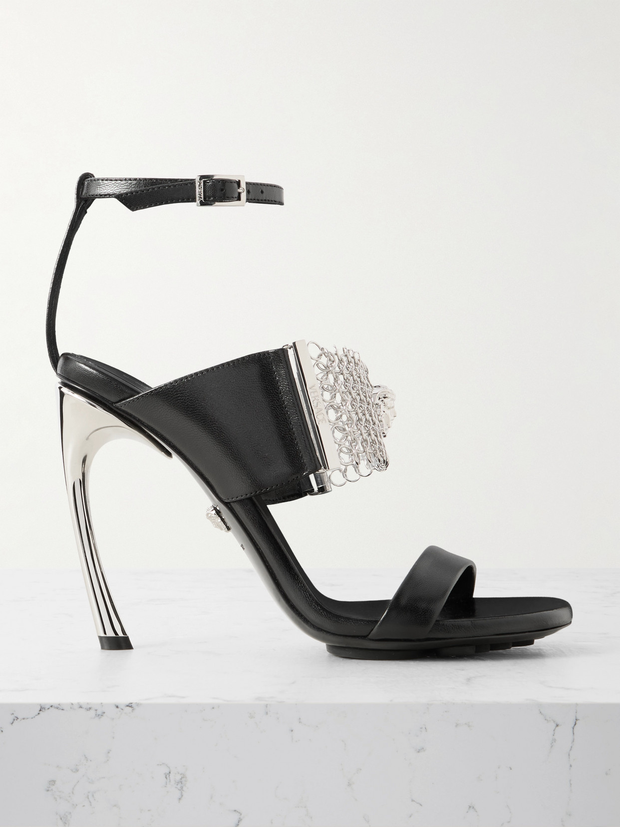 Versace Chainmail And Pvc-trimmed Leather Sandals In Black