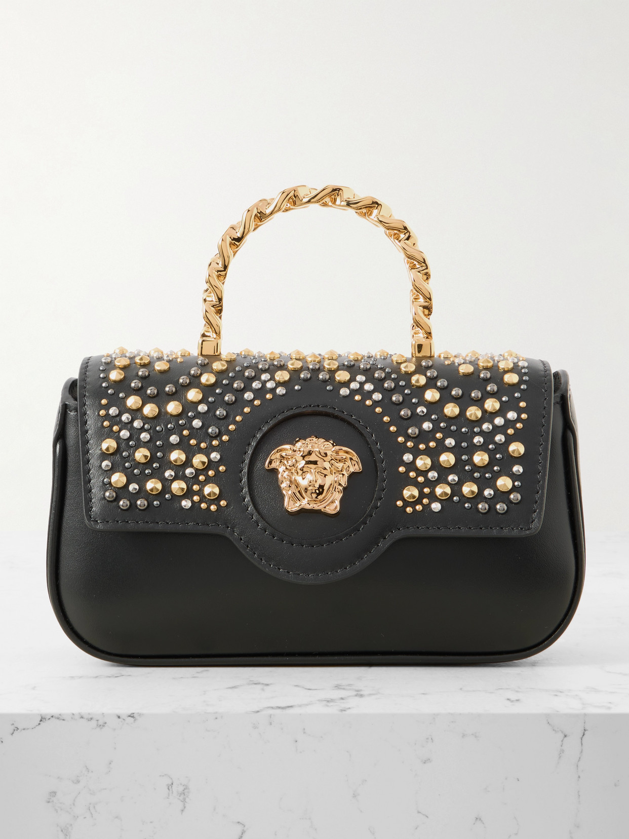 Versace Embellished Leather Tote In Black