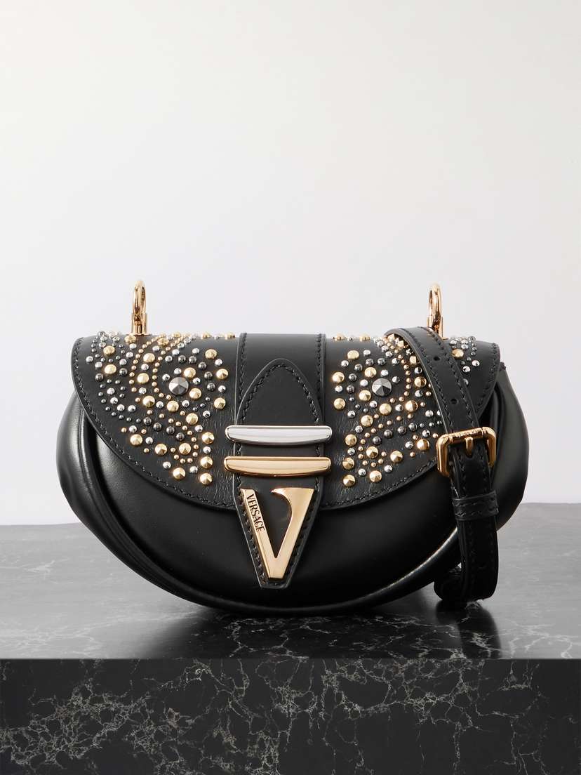 Versace Virtus Small Studded Leather Shoulder Bag