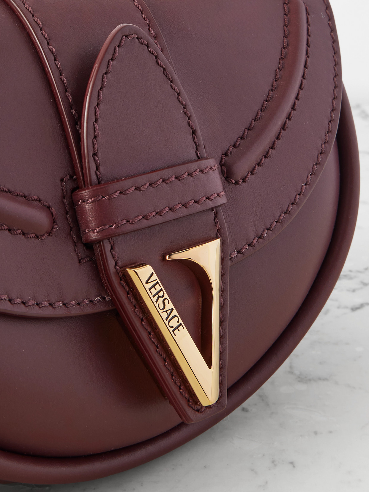 Versace Virtus Small Leather Shoulder Bag In Burgundy
