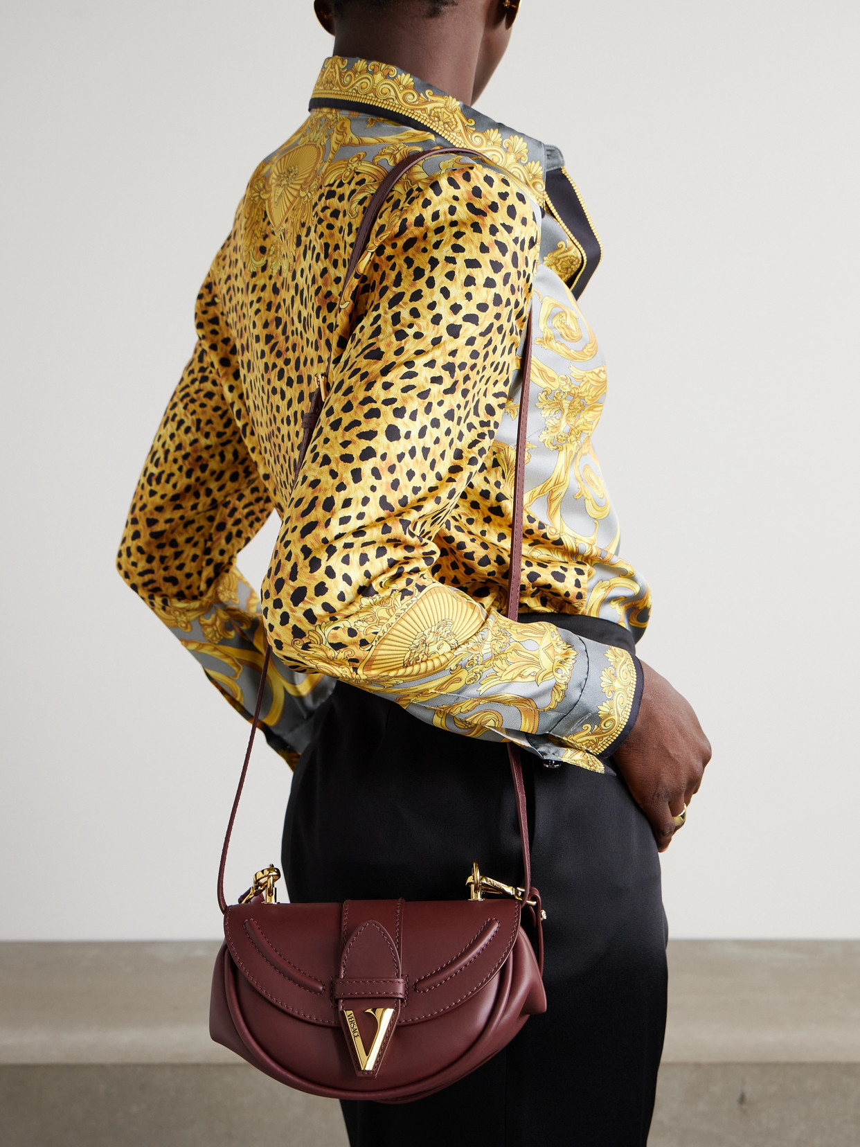 Versace Virtus Small Leather Shoulder Bag In Burgundy