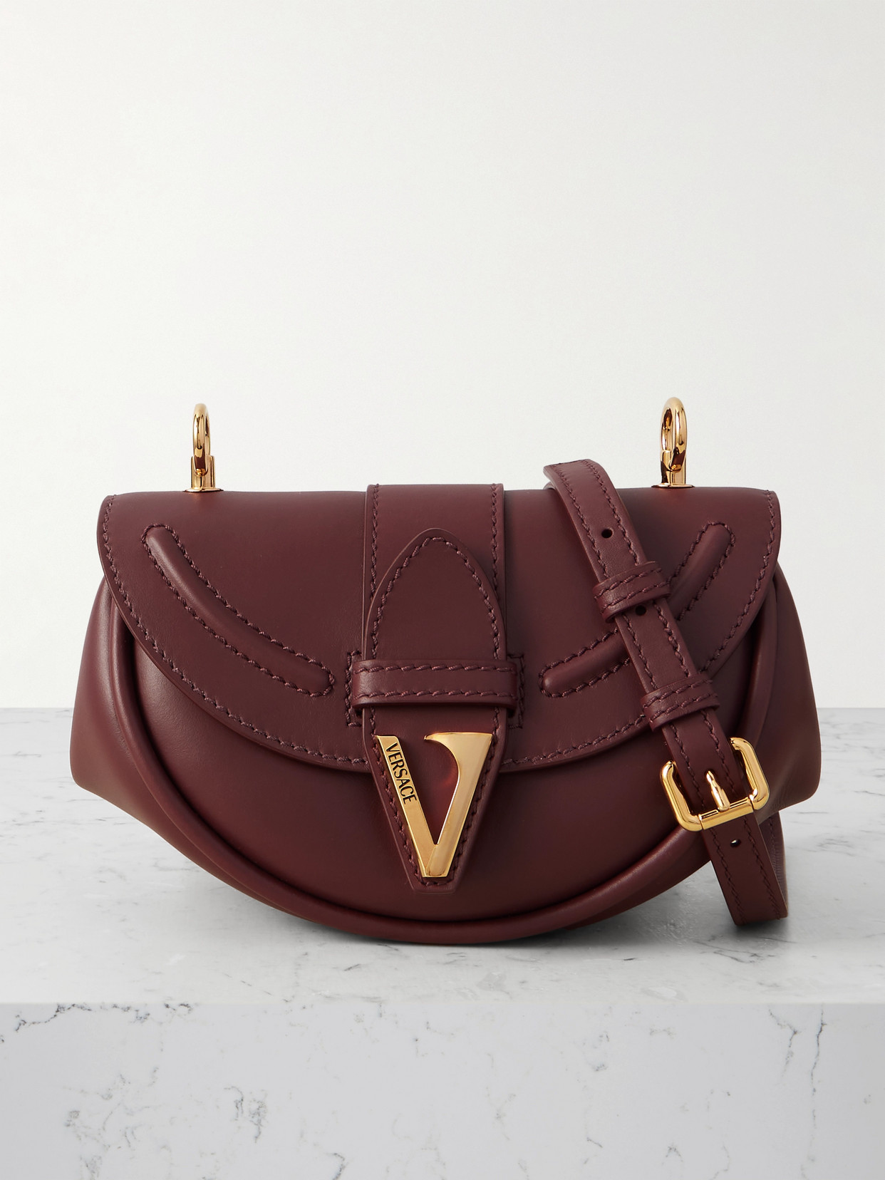 Versace Virtus Small Leather Shoulder Bag In Burgundy