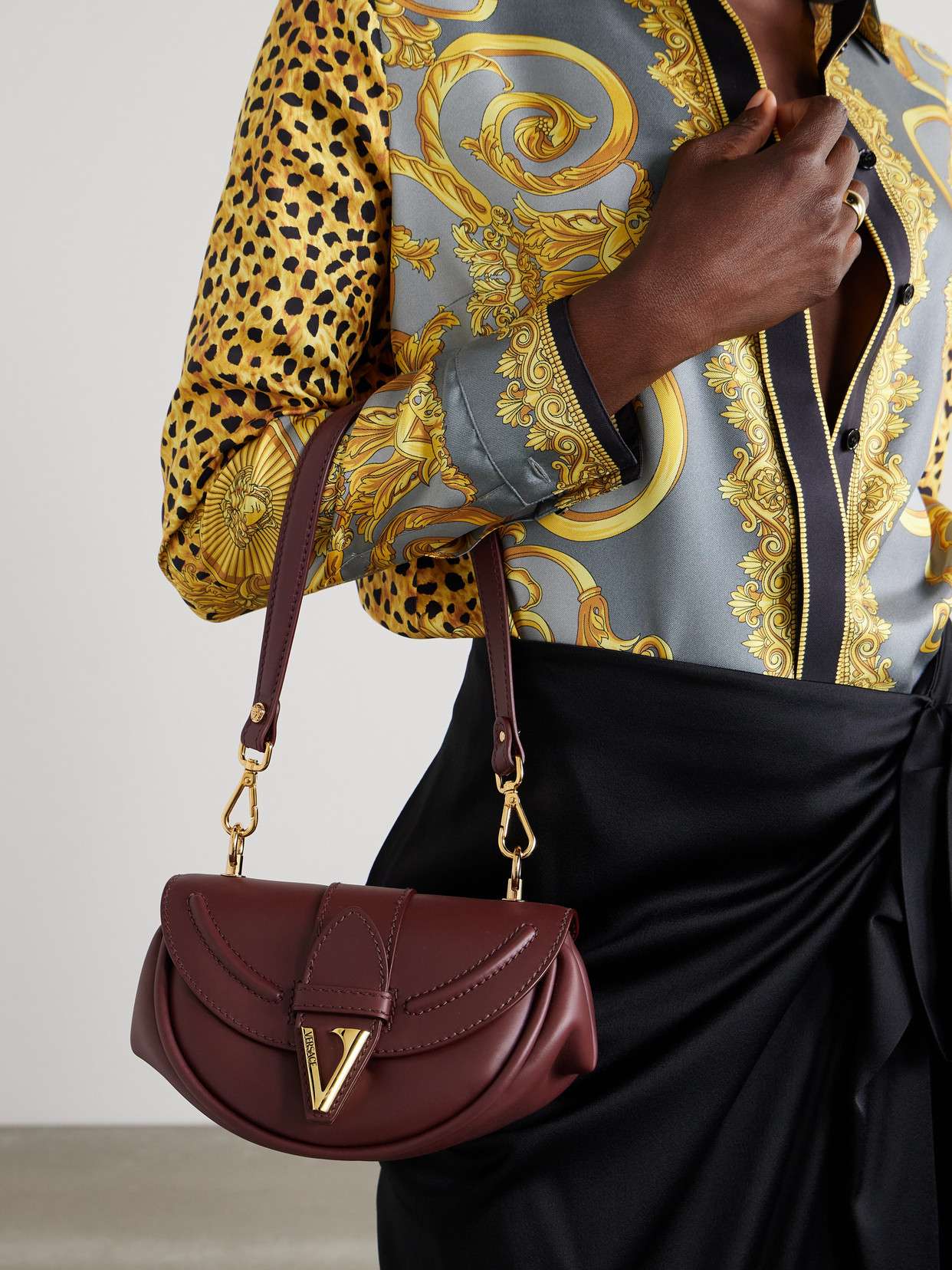 Versace Virtus Small Leather Shoulder Bag In Burgundy