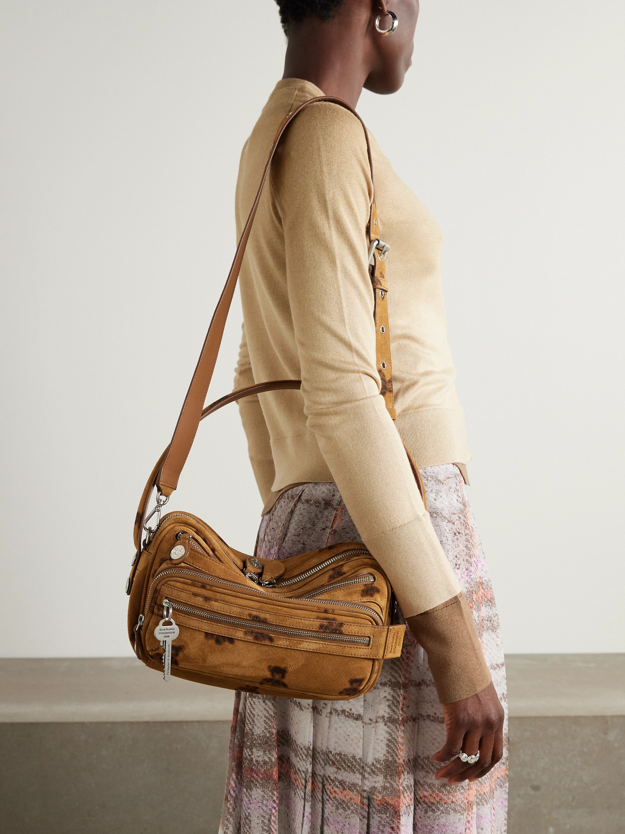 Acne Studios Small Printed Suede Shoulder Bag In Brown